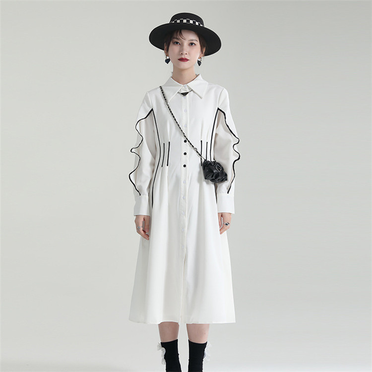 フリル袖白ワンピース春夏ウエストマークミモレ丈