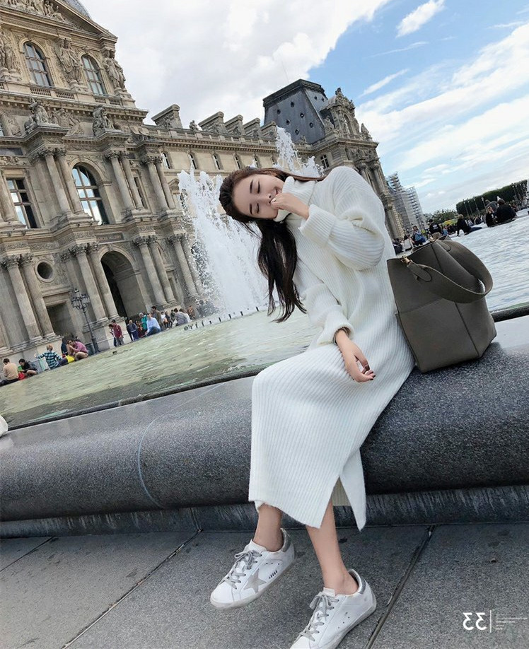 白ワンピース  白ニットハイネック長袖ロングワンピース