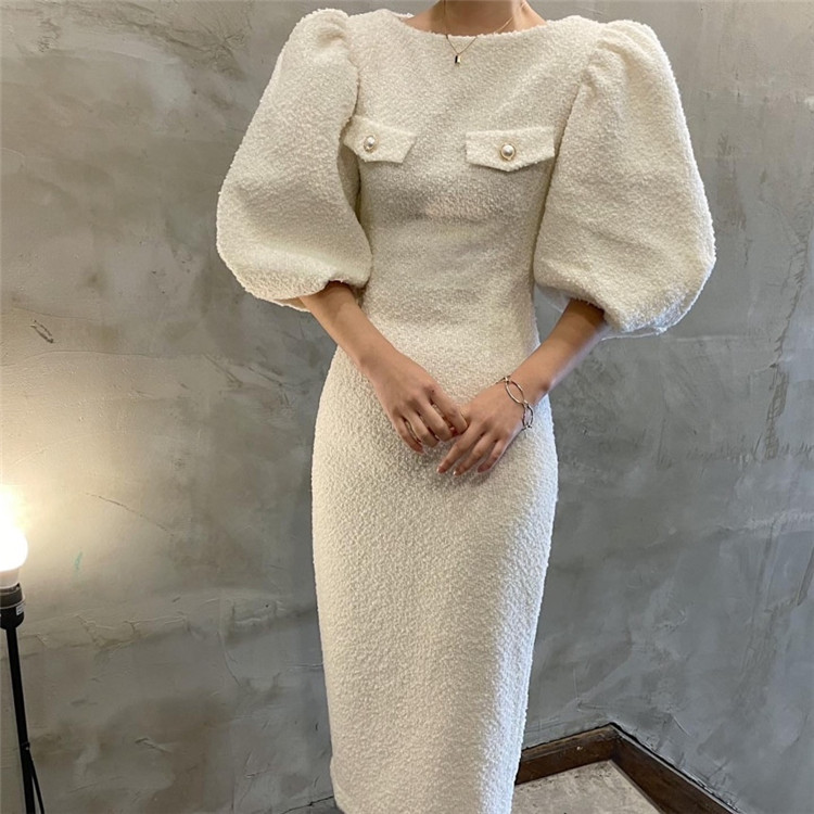 白ワンピース ふんわり袖タイトスカートワンピース上品丸首