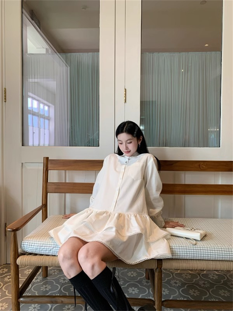 白ワンピース 春夏レース装飾長袖白シャツワンピース