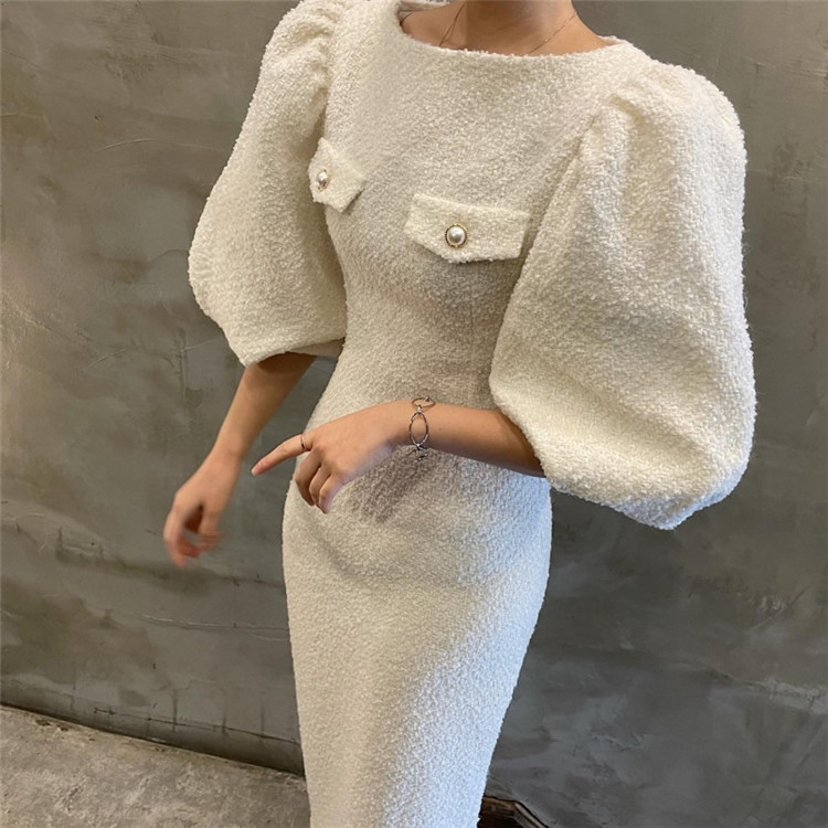 白ワンピース ふんわり袖タイトスカートワンピース上品丸首