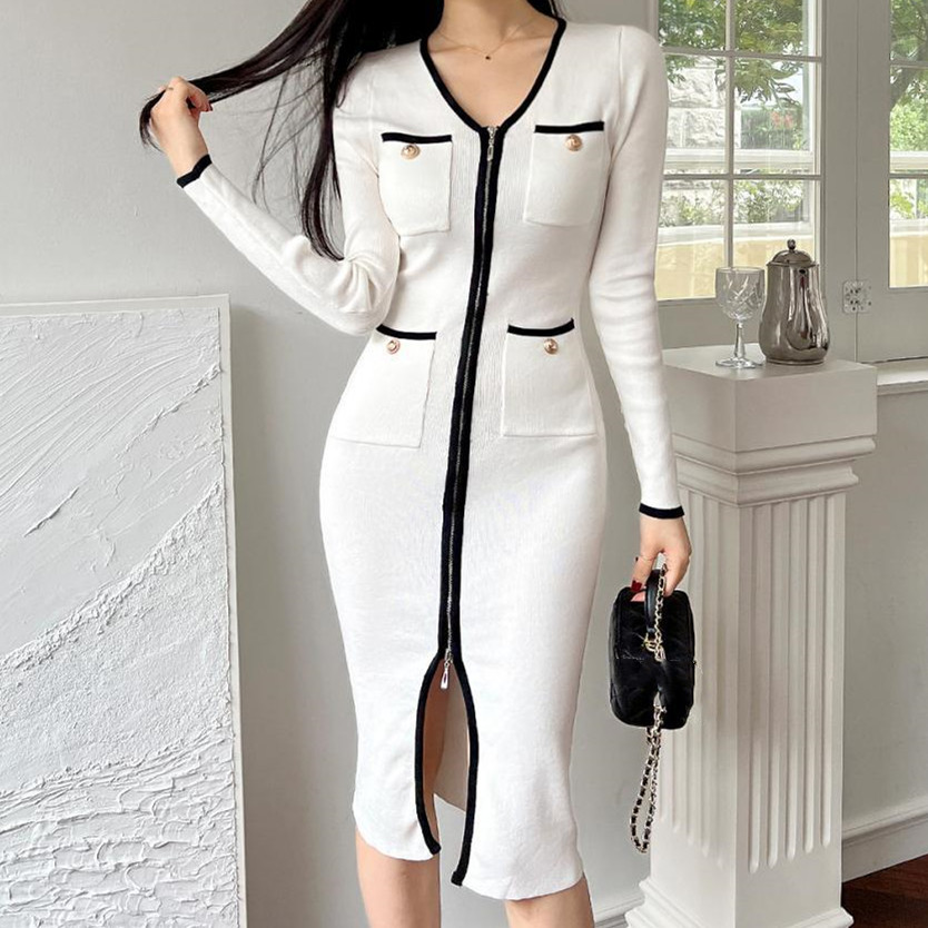 白ワンピース 白ニットワンピース 長袖タイト 黒パイピング膝下丈