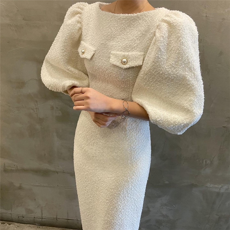 白ワンピース ふんわり袖タイトスカートワンピース上品丸首