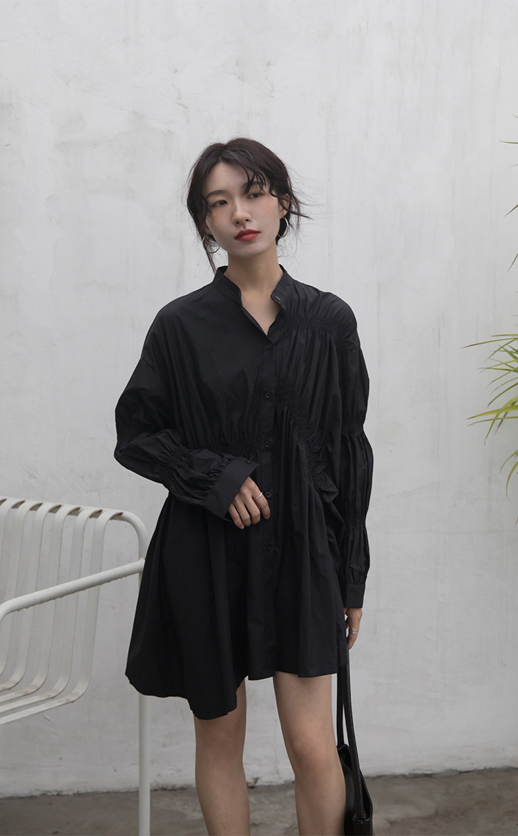 白ワンピース 上品な白シャツワンピース 長袖ミニ丈