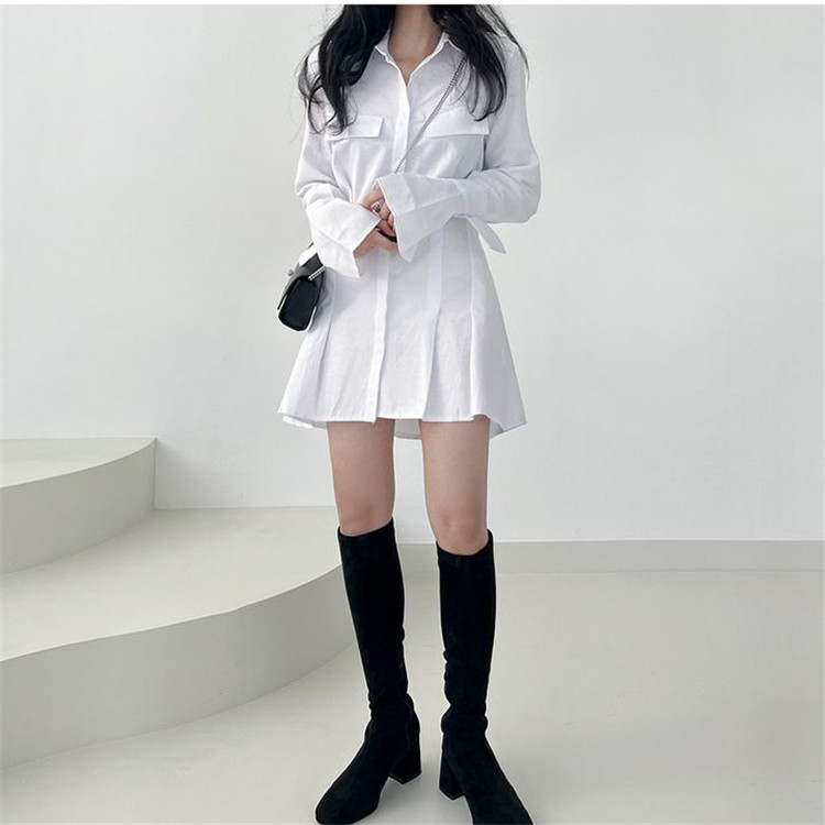 白ワンピース トレンド白シャツワンピース スリムカジュアル