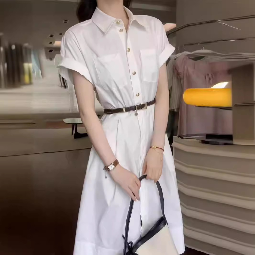 白ワンピース 上質シンプルシャツワンピース
