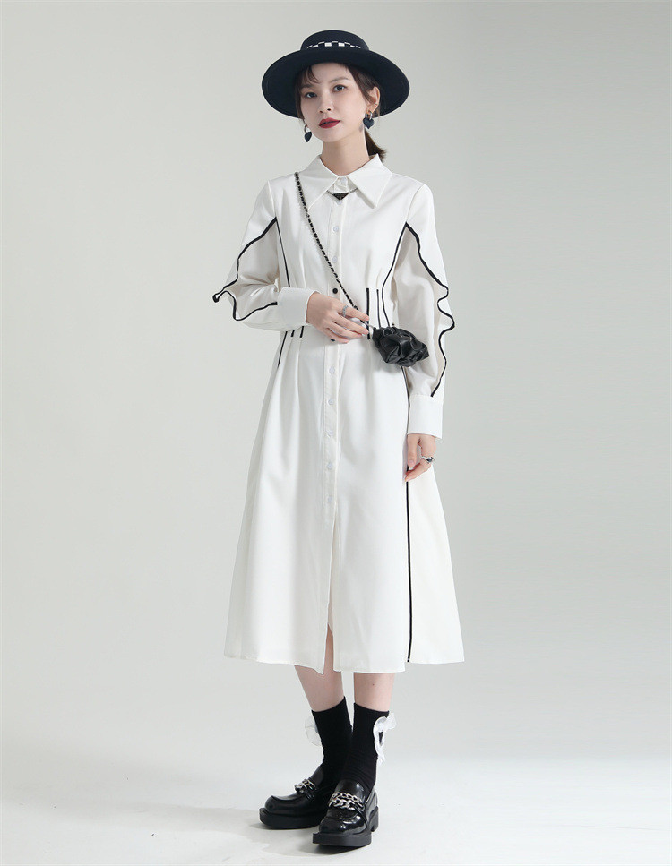 フリル袖白ワンピース春夏ウエストマークミモレ丈