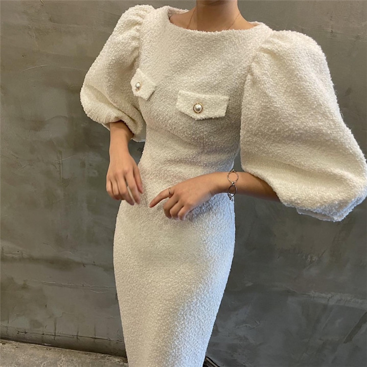 白ワンピース ふんわり袖タイトスカートワンピース上品丸首