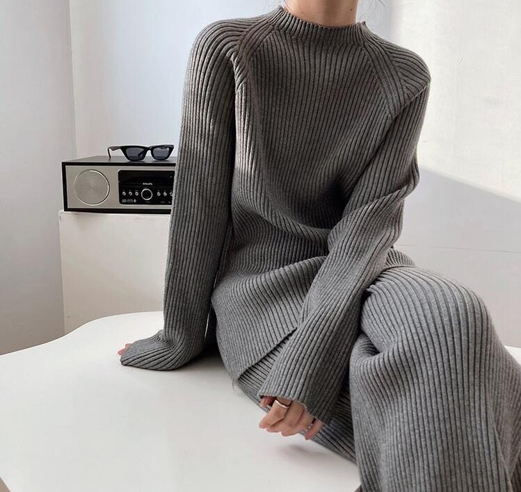 レディースワイドパンツ 2025年新作韓国風ニット上下セットアップ