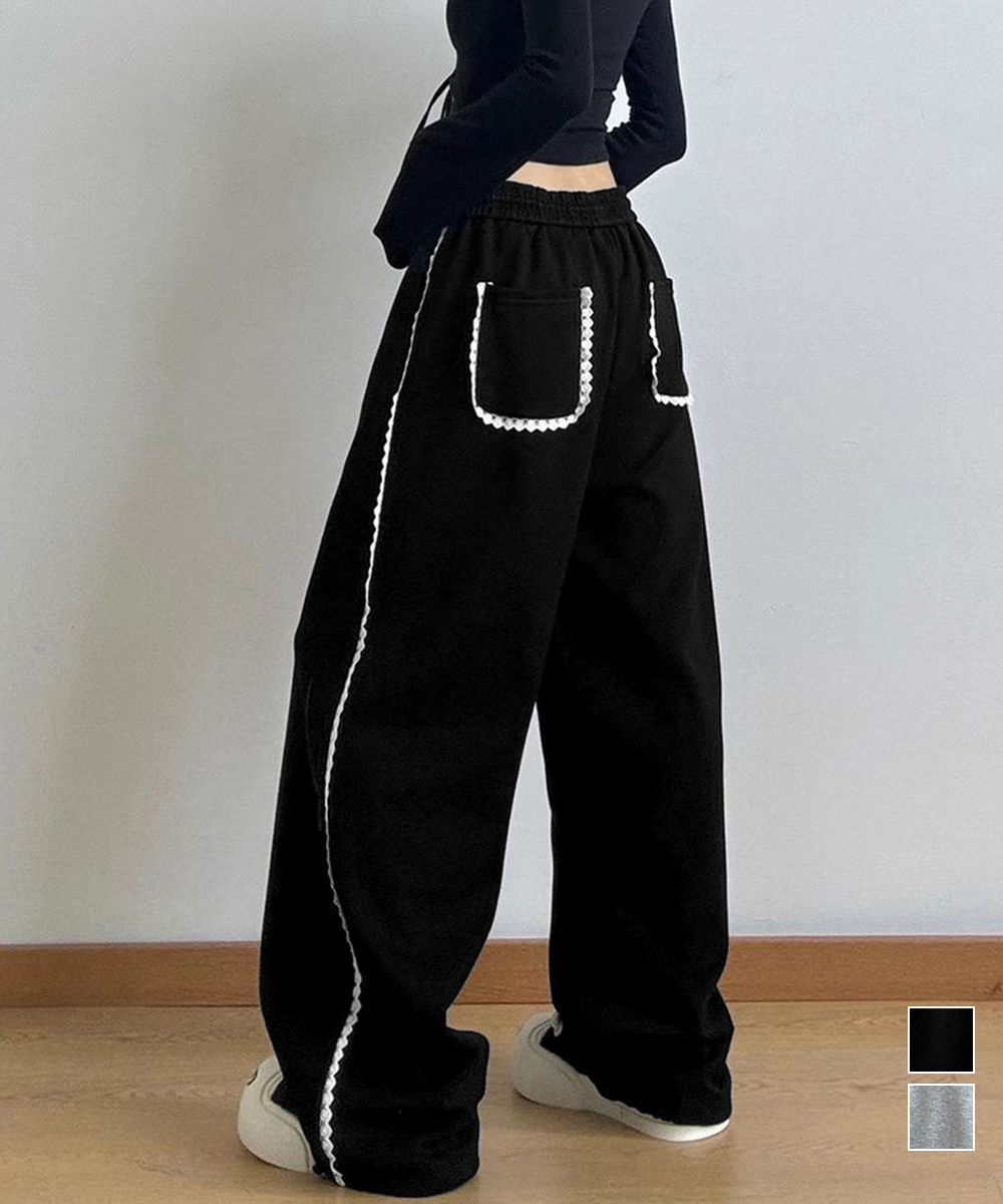レディースワイドパンツ サイドレース装飾スウェットワイドパンツ
