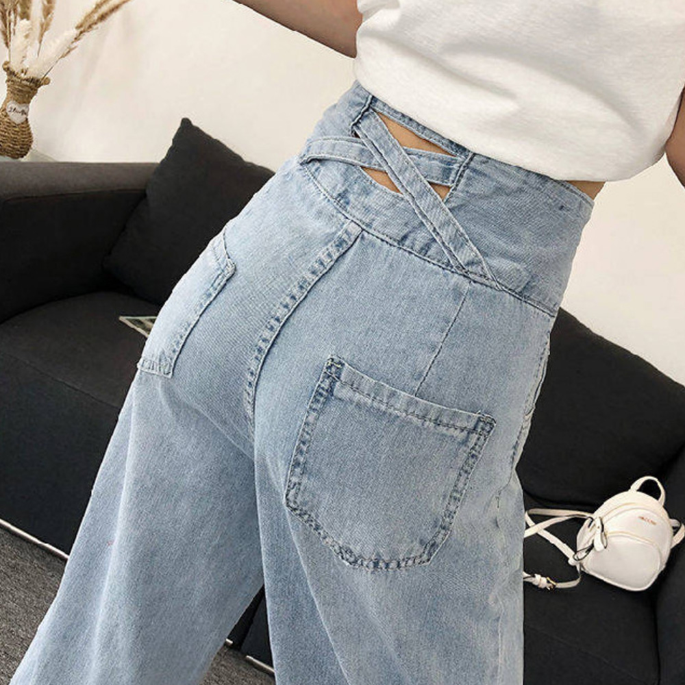 レディースワイドパンツ バッククロス ハイウエストワイドパンツ 美脚デニム