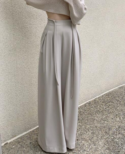 レディースワイドパンツ レディース ハイウエスト ワイドパンツ リボン付きスラックス