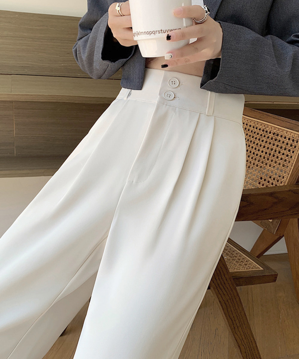 レディースワイドパンツ ハイウエスト タックワイドパンツ ダブルボタン