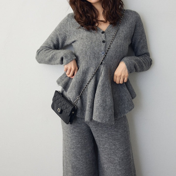 レディースワイドパンツ 韓国風ニットセットアップ ワイドパンツスーツ 三色展開