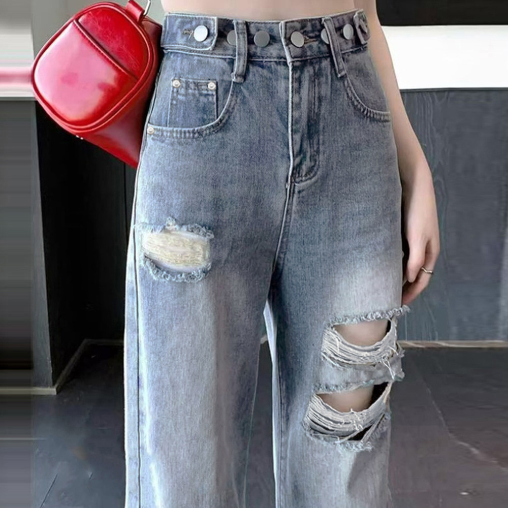レディースワイドパンツ ハイウエスト ダメージ デニムワイドパンツ 美脚効果