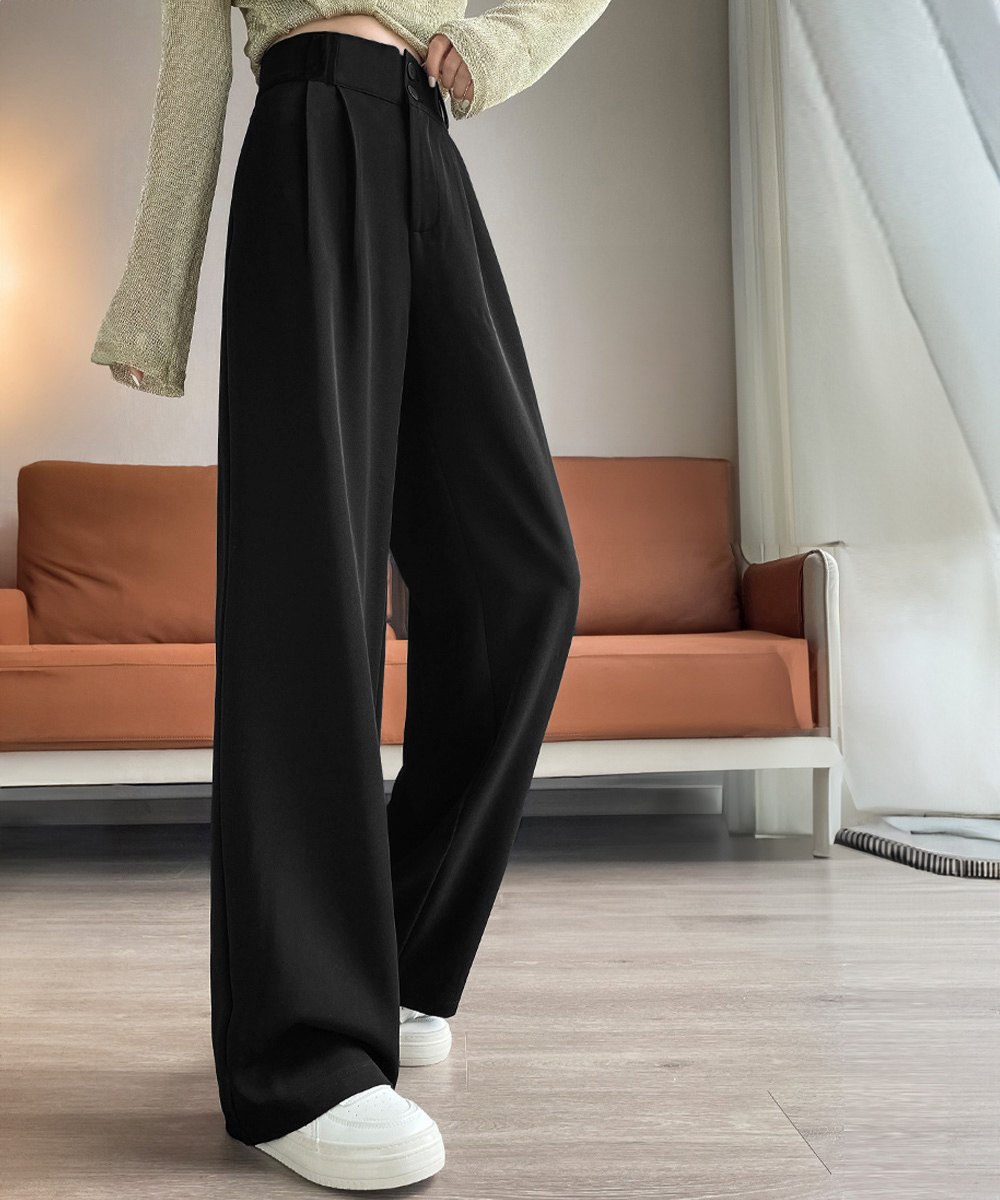 レディースワイドパンツ ハイウエスト タックワイドパンツ ダブルボタン