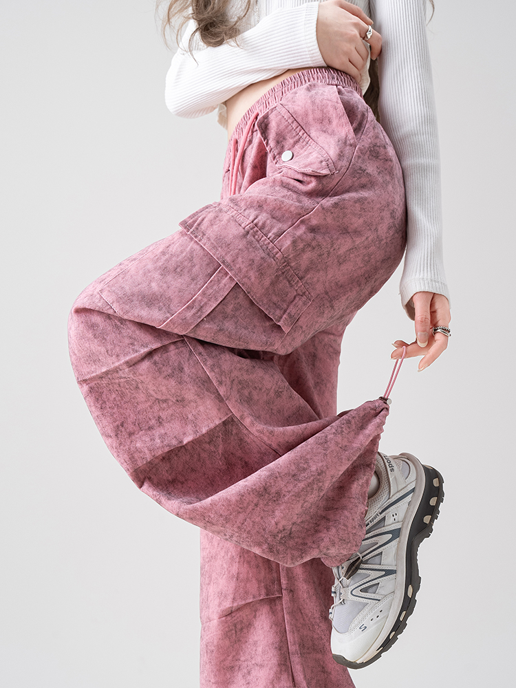 レディースワイドパンツ ウォッシュ加工マルチポケットワイドパンツ