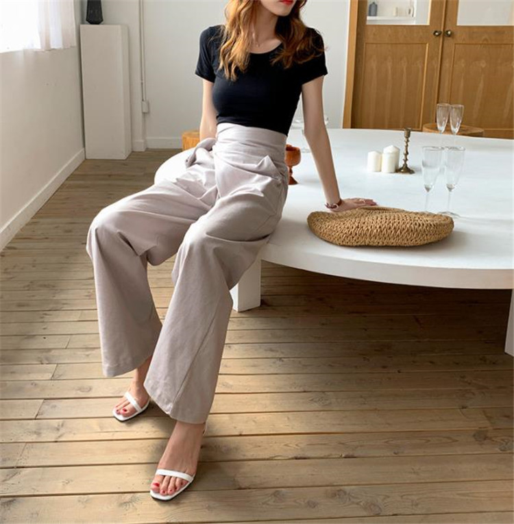 レディースワイドパンツ 麻綿混紡 無地ワイドパンツ ウエストゴム仕様 その他