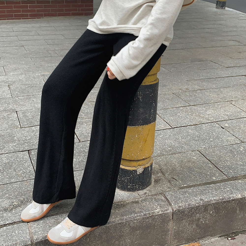 レディースワイドパンツ ケーブル編みニットワイドパンツ 韓国風ロング丈