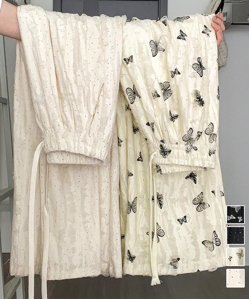 レディースワイドパンツ 華やか蝶柄ワイドパンツ 夏用ダメージ加工