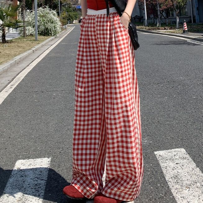 レディースワイドパンツ ギンガムチェックリラックスワイドパンツ