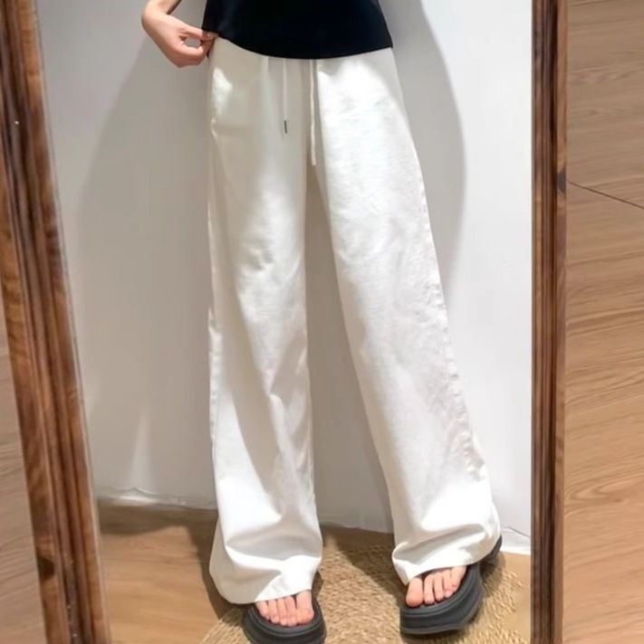 レディースワイドパンツ ゆったり上質リネン風ストレートパンツ