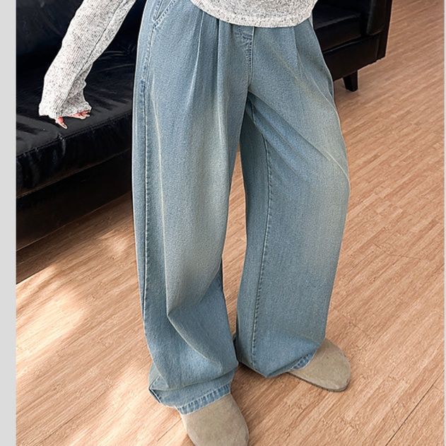 レディースワイドパンツ ゆったりドレープ フレアデニムパンツ