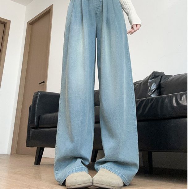 レディースワイドパンツ ゆったりドレープ フレアデニムパンツ