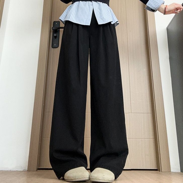 レディースワイドパンツ ゆったりドレープ フレアデニムパンツ