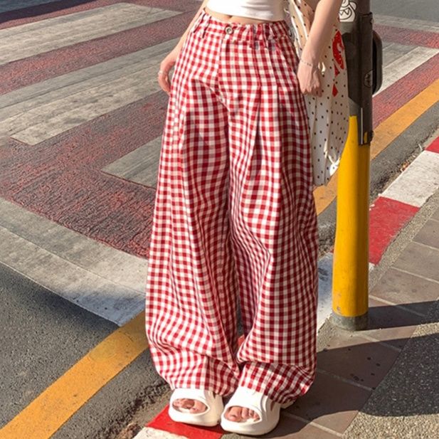 レディースワイドパンツ ふんわり格子柄ワイドパンツ
