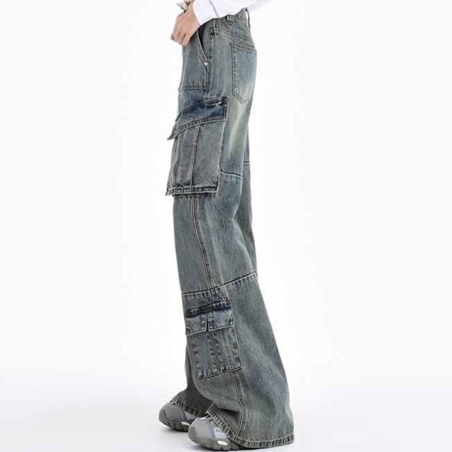 レディースワイドパンツ カーゴポケット付きストリート系デニムパンツ