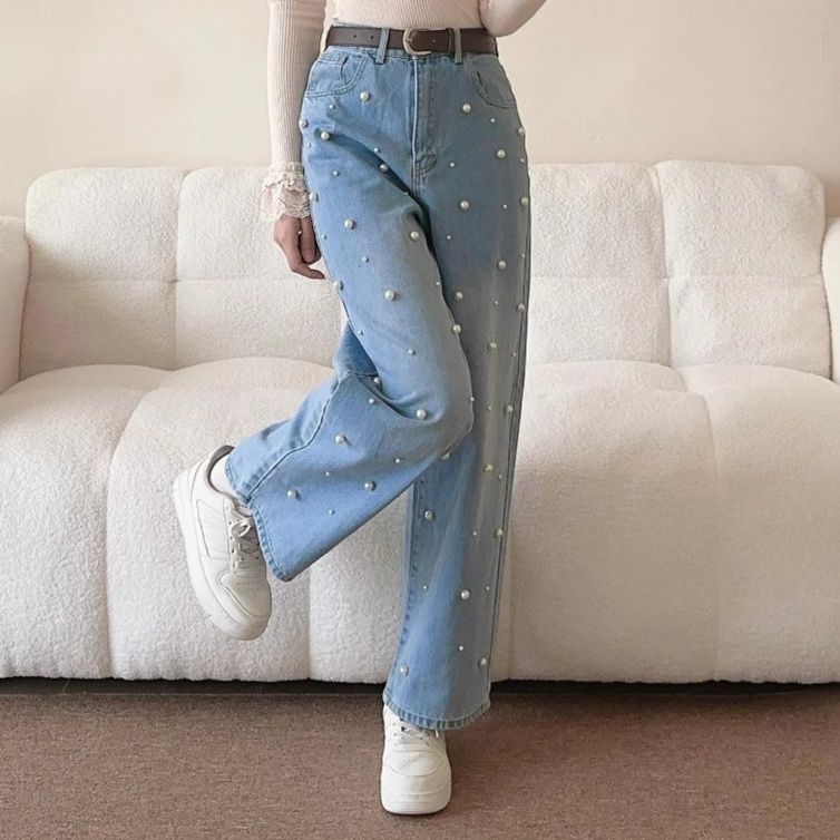 レディースワイドパンツ パール付きデニムワイドパンツ