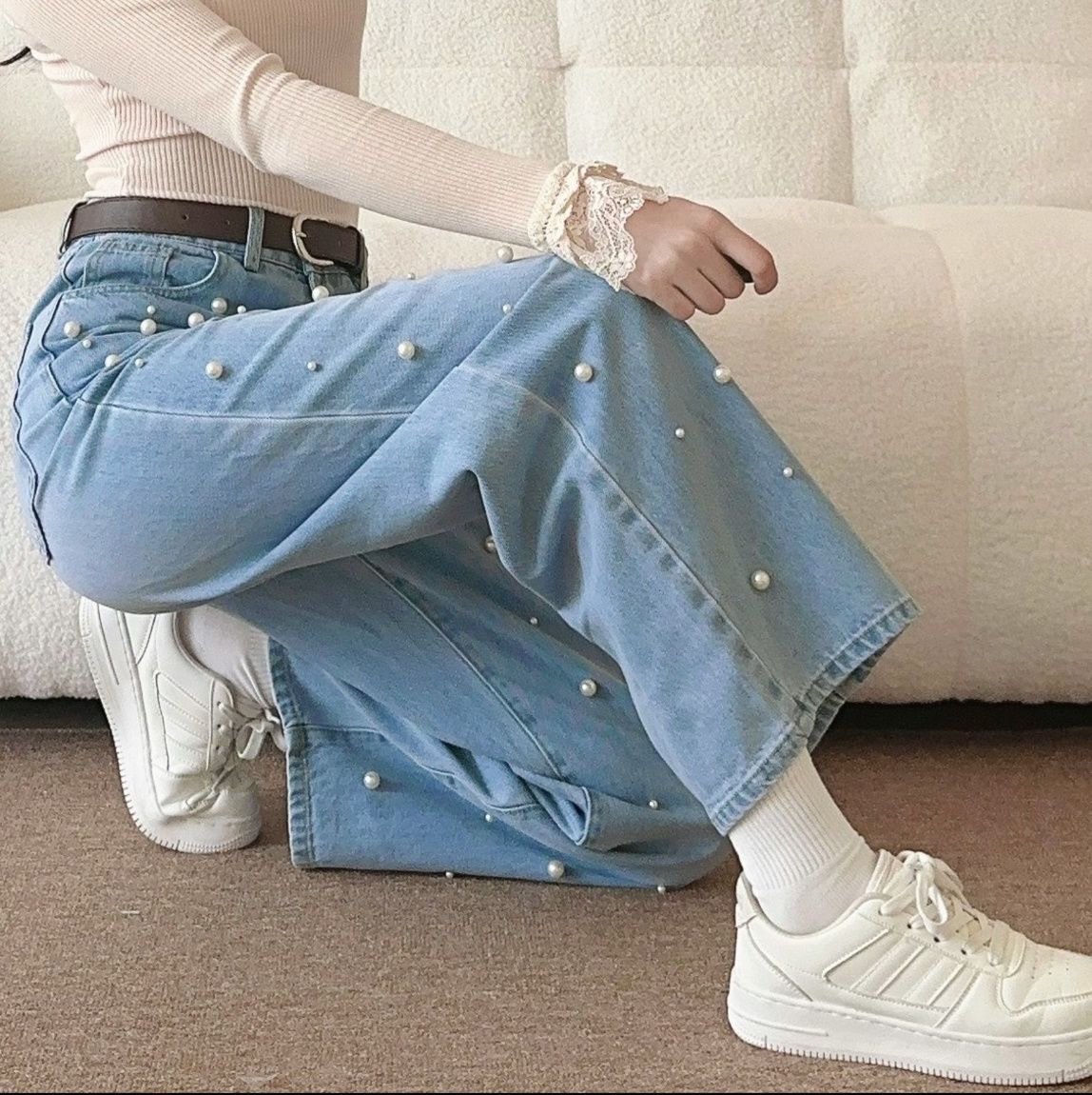 レディースワイドパンツ パール付きデニムワイドパンツ