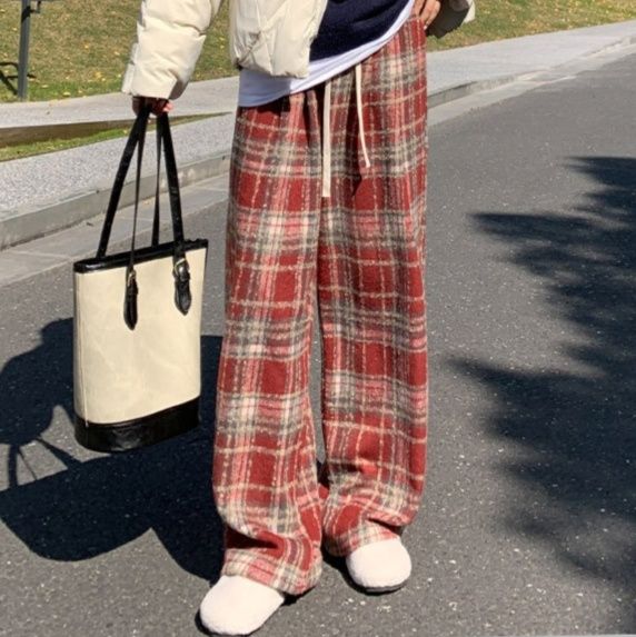 レディースワイドパンツ のびのびチェックフリースワイドパンツ