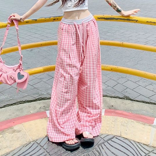 レディースワイドパンツ ゆったりギンガムワイドパンツ