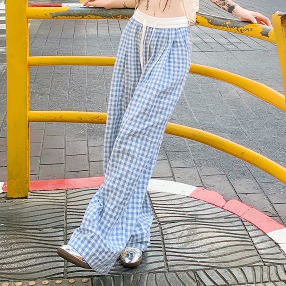 レディースワイドパンツ ゆったりギンガムワイドパンツ