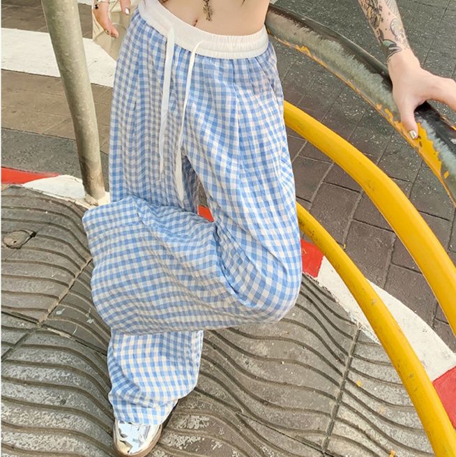 レディースワイドパンツ ゆったりギンガムワイドパンツ