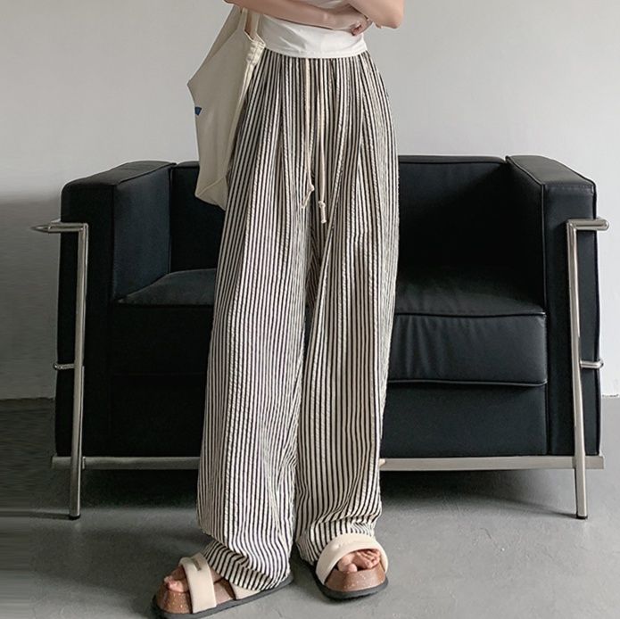レディースワイドパンツ 縦縞ゆったりリラックスパンツ