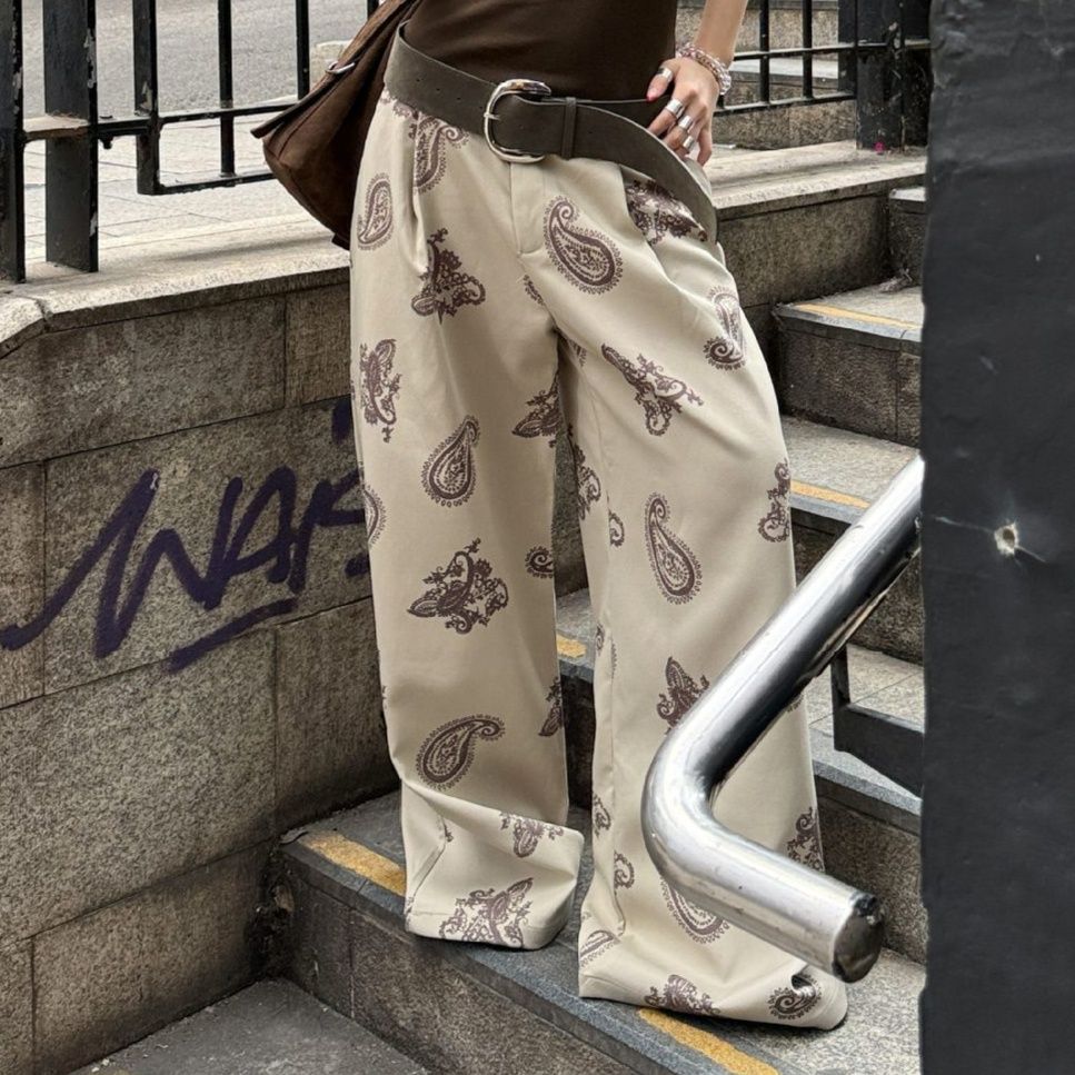 レディースワイドパンツ ペイズリー柄ストレートワイドパンツ