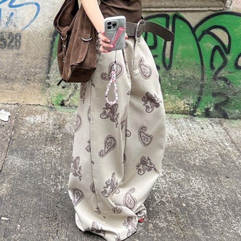 レディースワイドパンツ ペイズリー柄ストレートワイドパンツ