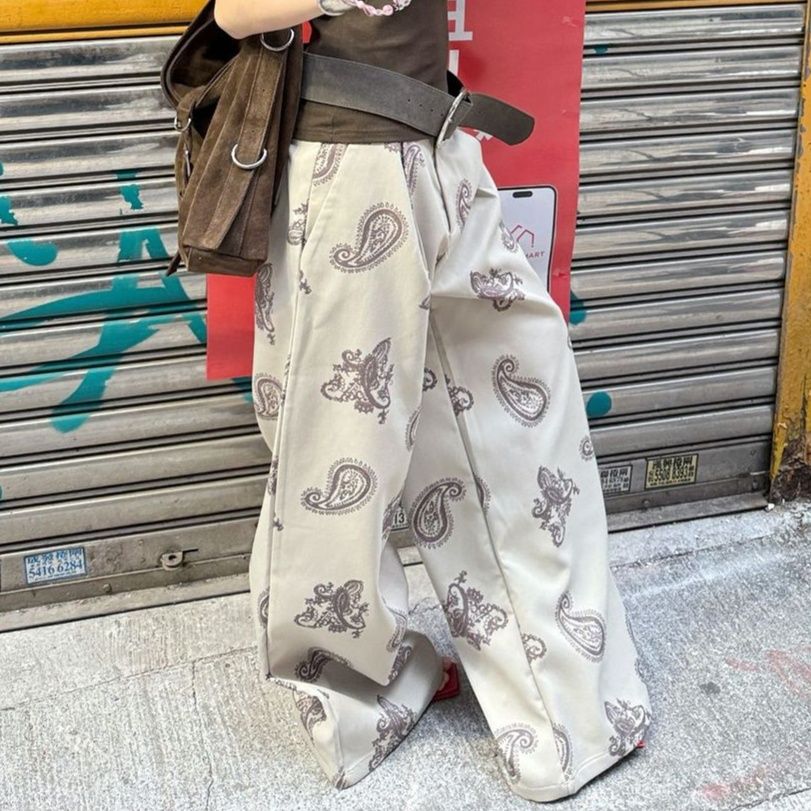 レディースワイドパンツ ペイズリー柄ストレートワイドパンツ