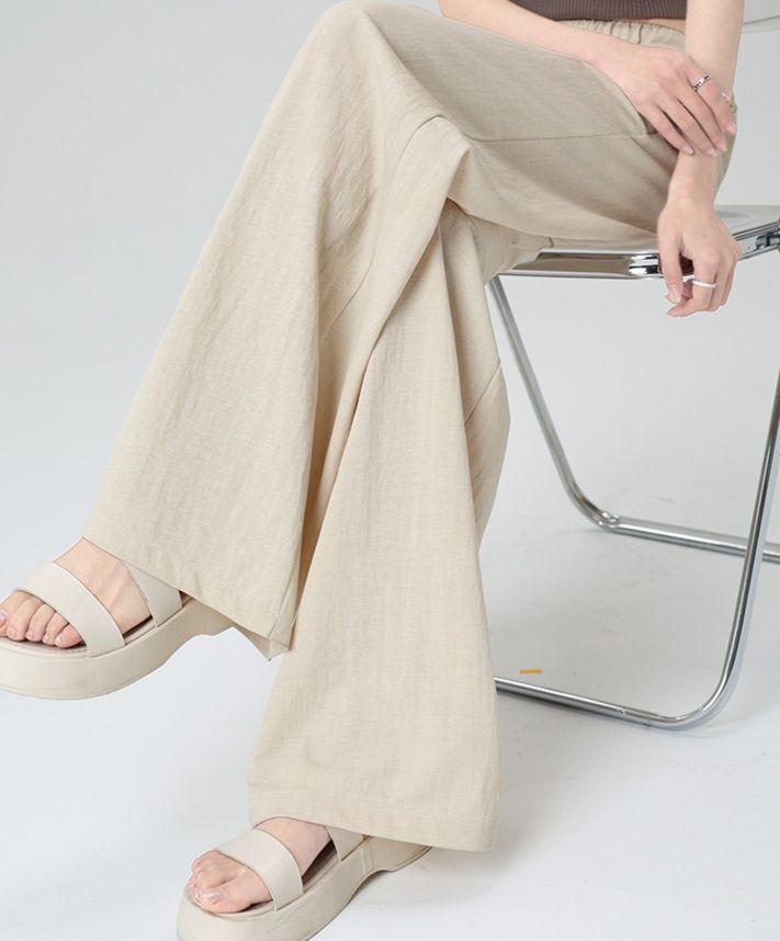 レディースワイドパンツ 優雅なドレープ リネンワイドパンツ