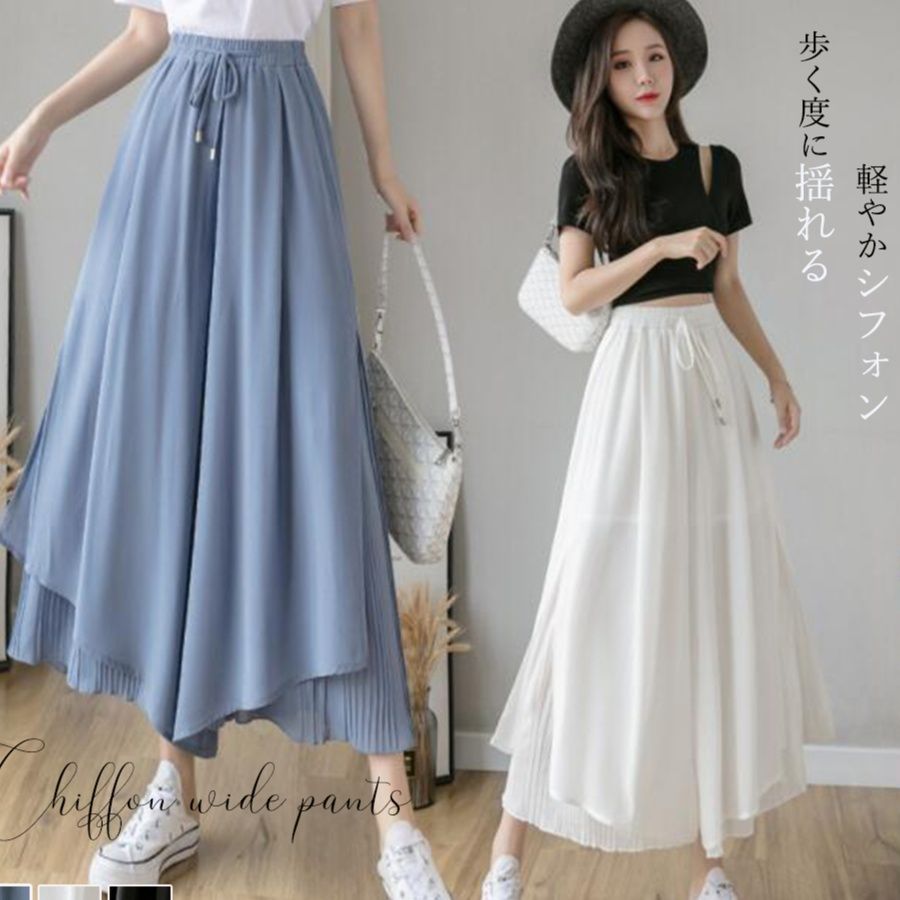 レディースワイドパンツ シフォン素材 揺れる裾 スカーチョ 春夏