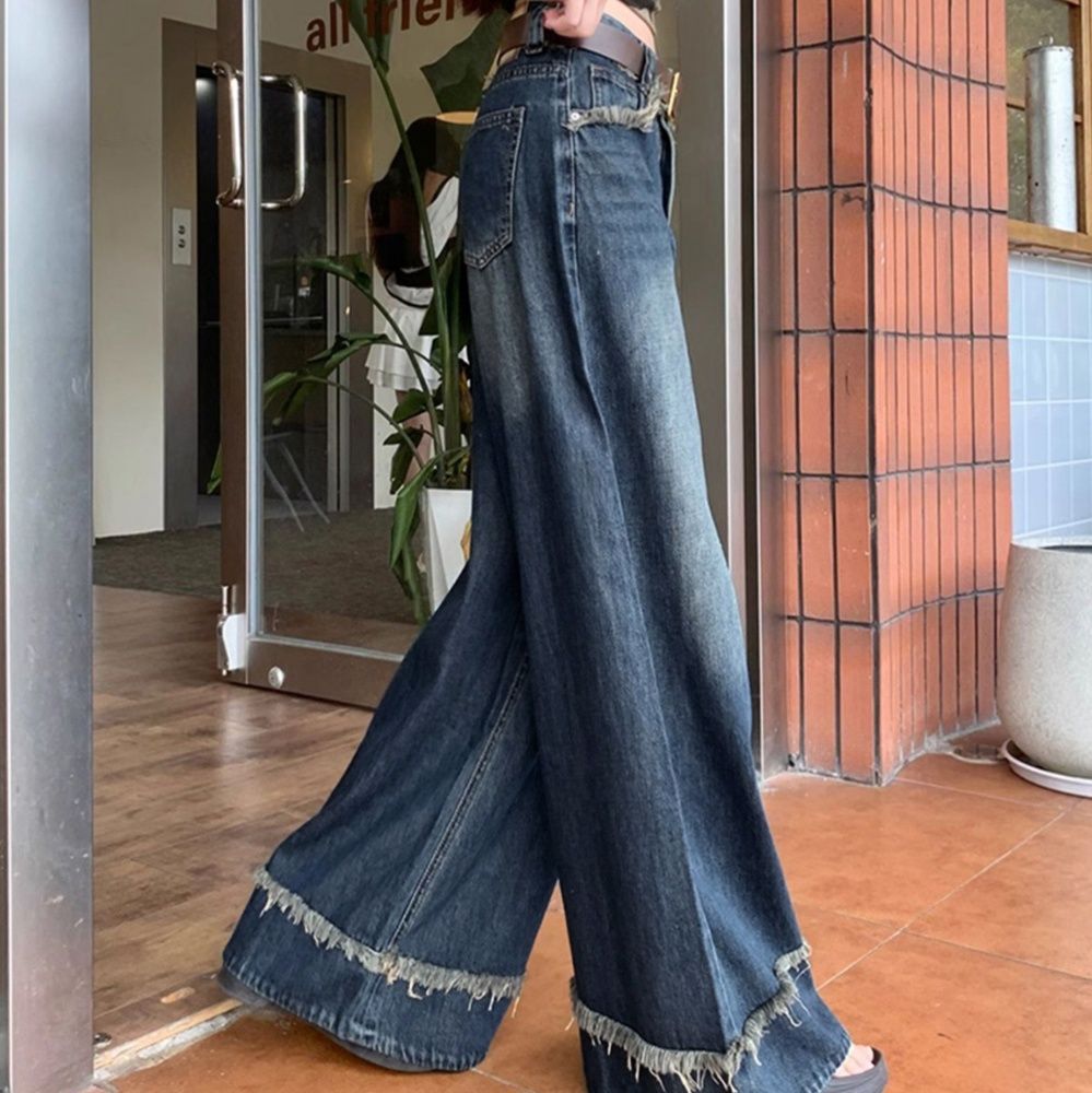 レディースワイドパンツ フリンジ裾 ハイウエストデニムワイドパンツ
