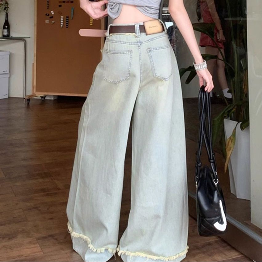 レディースワイドパンツ フリンジ裾 ハイウエストデニムワイドパンツ