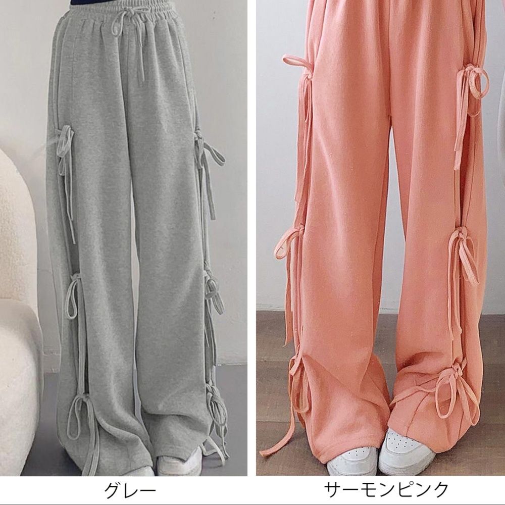 レディースワイドパンツ サイドリボン スウェットワイドパンツ ゆったり美脚