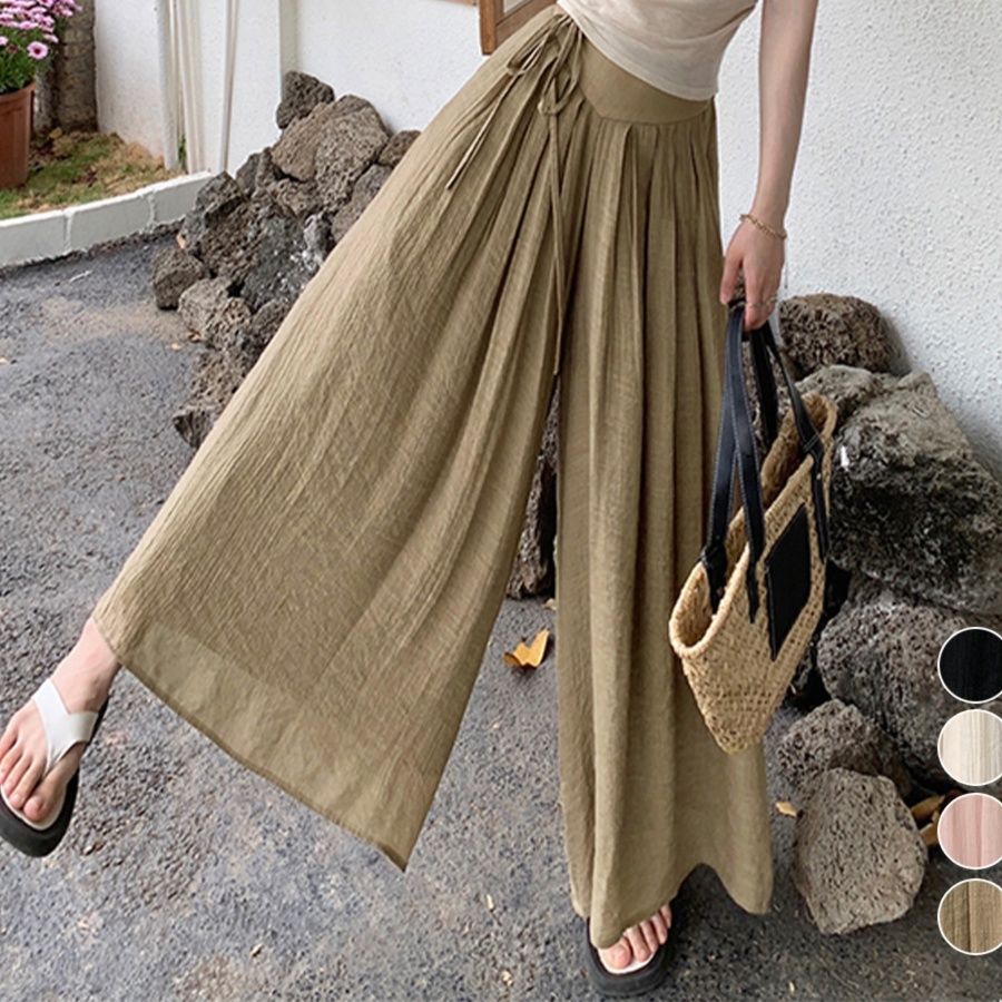レディースワイドパンツ 上質綿麻 とろみスカーチョ 春夏用ワイドパンツ