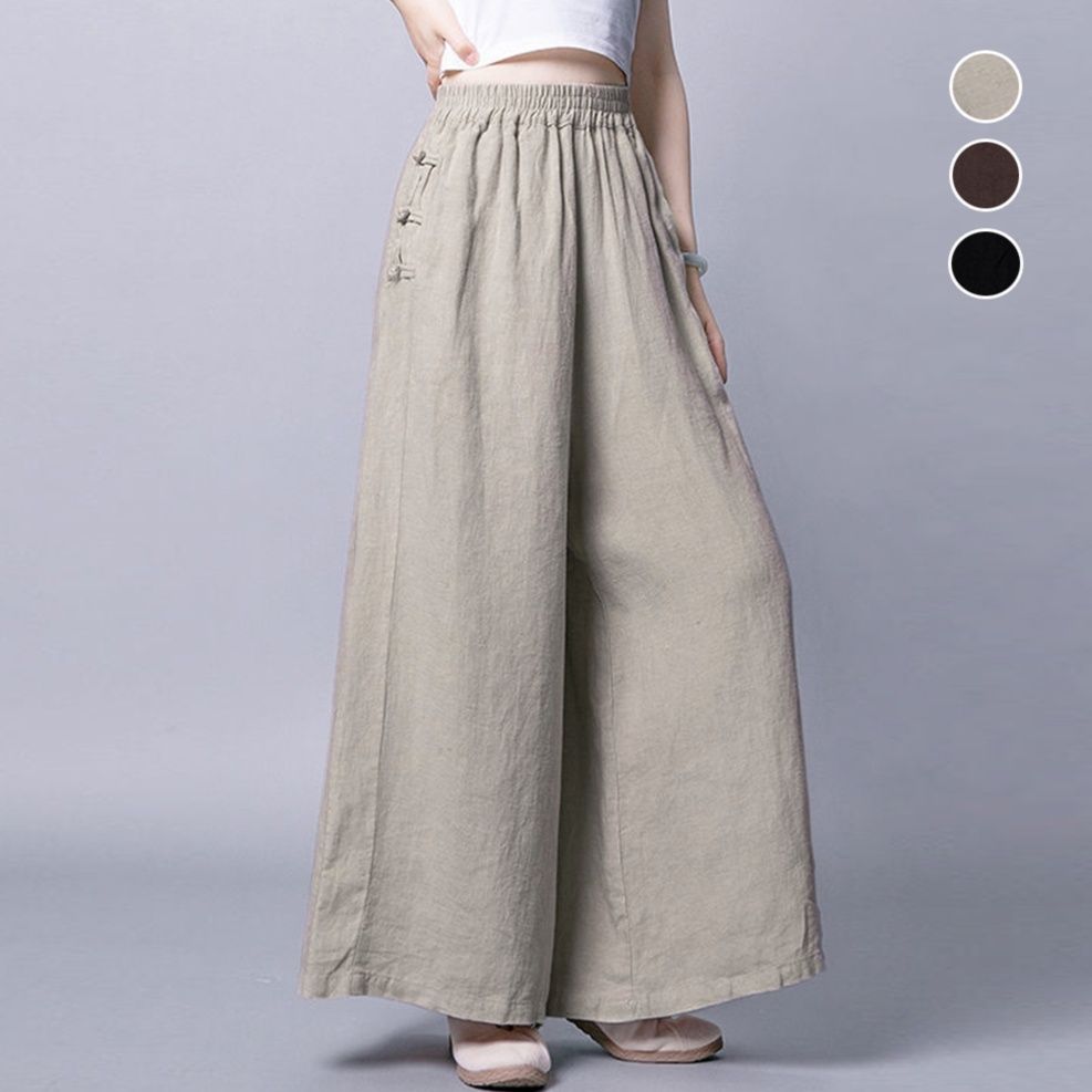 レディースワイドパンツ 綿麻素材 ゆったりスカーチョ ワイドパンツ