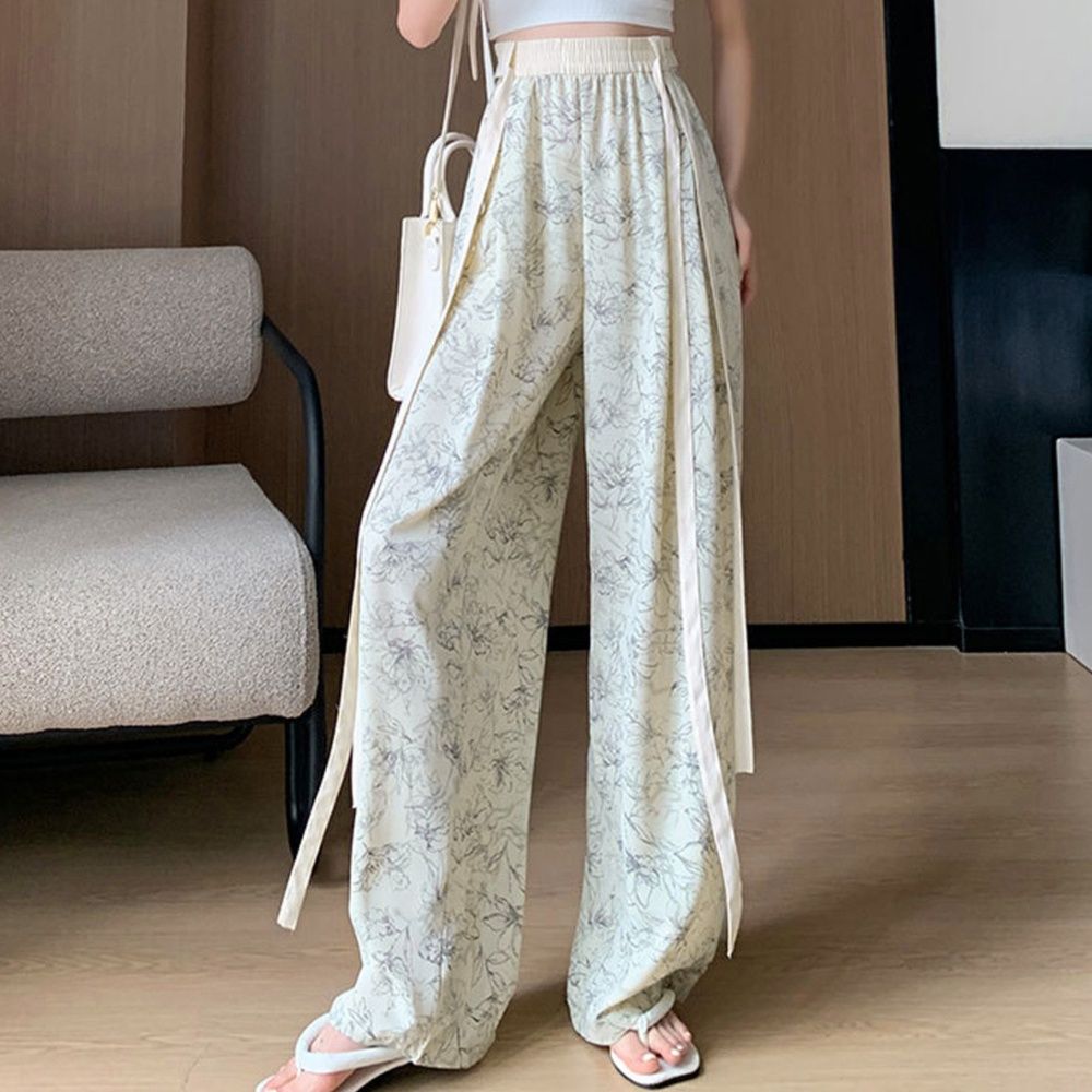 レディースワイドパンツ 花柄ハイウエストワイドパンツ リボン付き