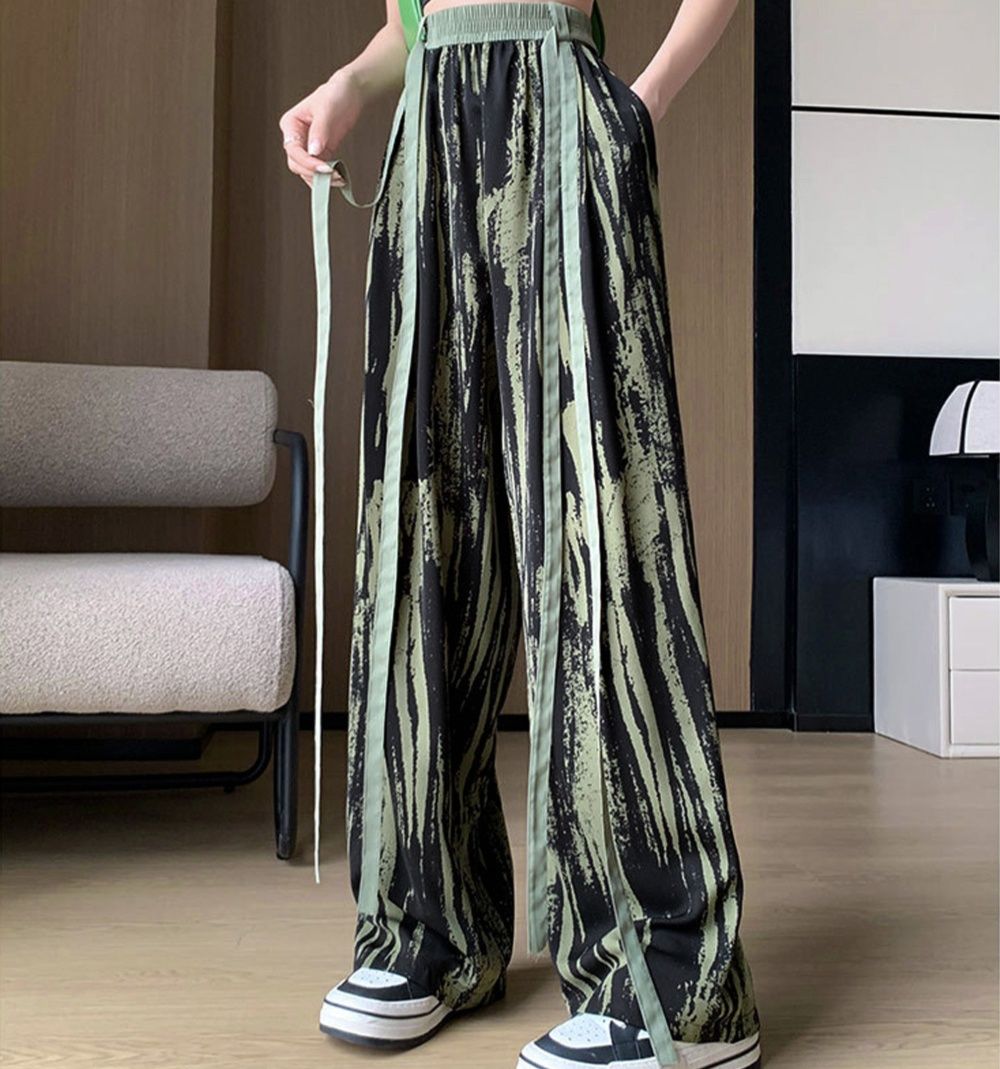 レディースワイドパンツ 花柄ハイウエストワイドパンツ リボン付き